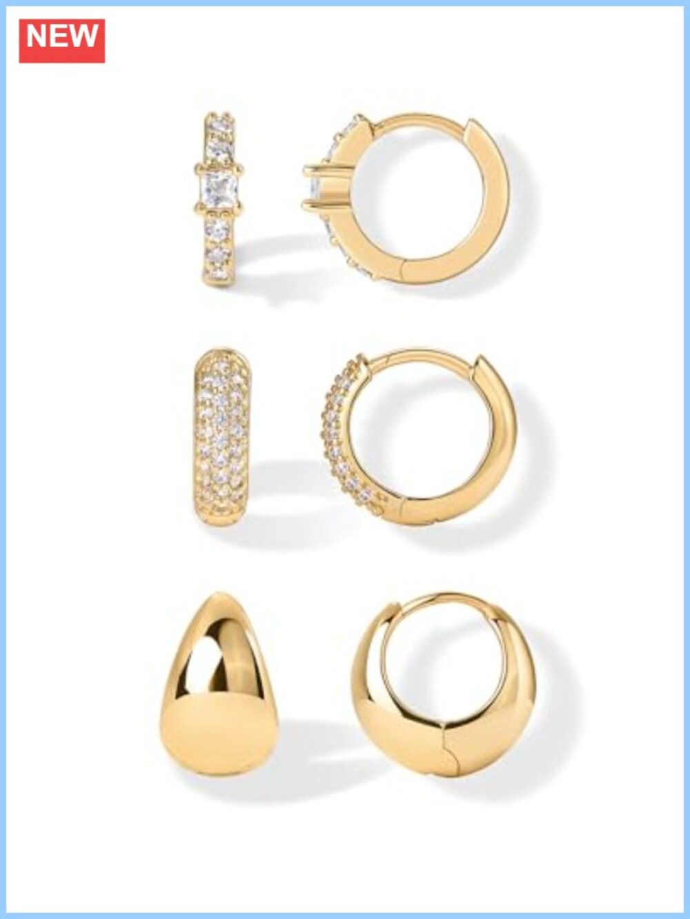 18K Gold Plated Huggie Hoop Earrings Set of 3 CZ Piercings